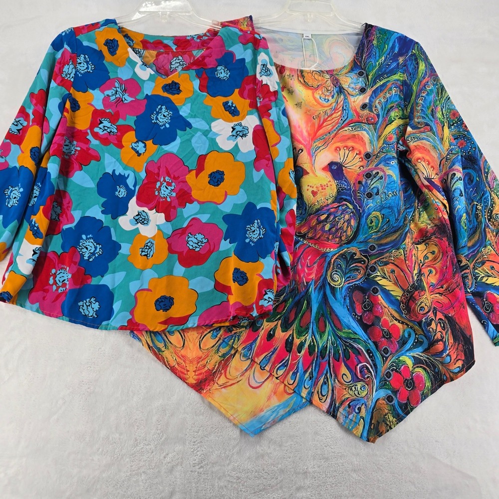 Lot 2 Unbranded Blouse Womens M Top Blue Floral‎ Long Sleeve V-Neck Multi Bundle